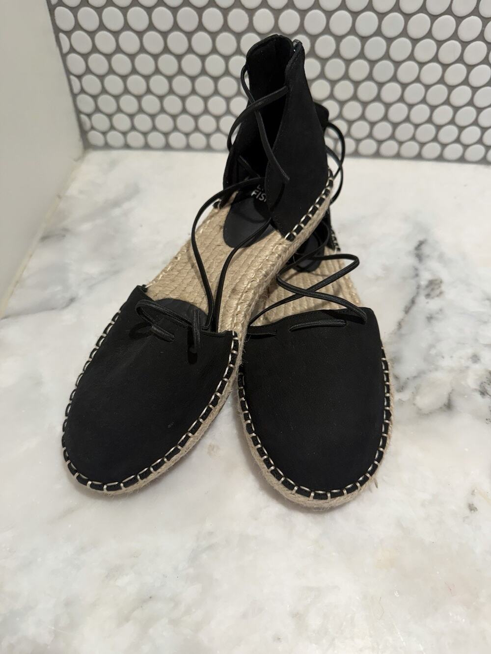 Eileen Fisher Leather Lace Up D'Orsay Lee Espadrille Black Flat Sandals Size 6.5